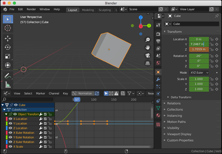 Cube animation path and motion Graph Editor in Blender UI